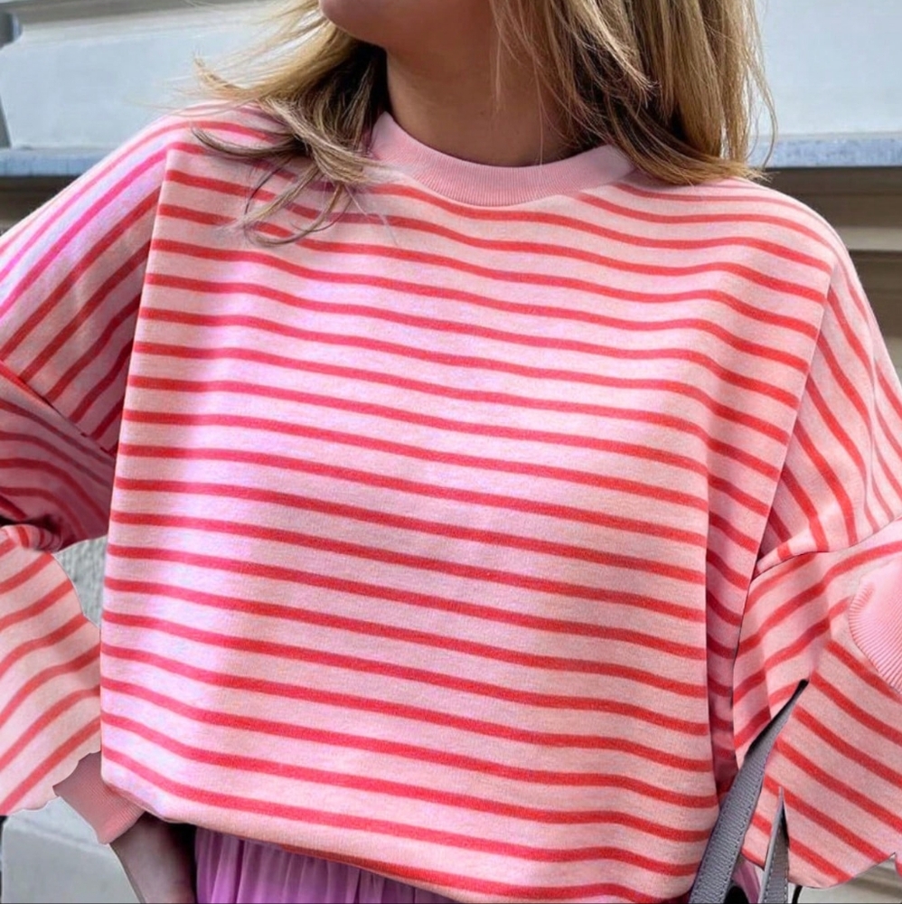 Women's Dropped Shoulder Striped Print Casual Fall Sweatshirt - Picture 1 of 3